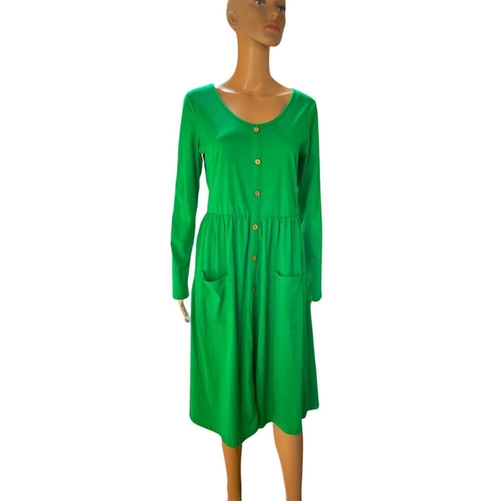 NWT Ouges Midi Dress Casual Christmas Festive Cotton Stretchy Long Sleeves Green